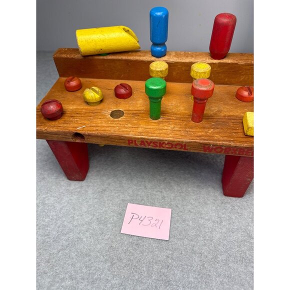 Vintage Playskool Wooden Workbench with Hammer & Pegs Set 1960s - Picture 9 of 9